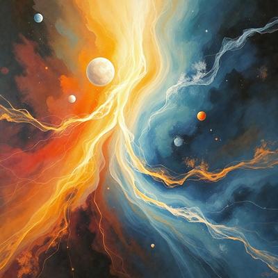 The primary subject of the image is a painting featuring a colorful and vibrant scene. The setting is a space with a backdrop of a blue sky, and the visual style is a combination of digital art and illustration. The colors and mood of the painting are lively and energetic, with a focus on the vibrant colors of the space and the planets.